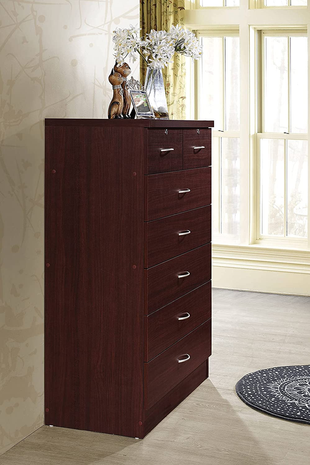 7 Drawer Wood Dresser for Bedroom, 31.5 Inch Wide Chest of Drawers, with 2 Locks on the Top Drawers, Storage Organization Unit for Clothing, Mahogany-3