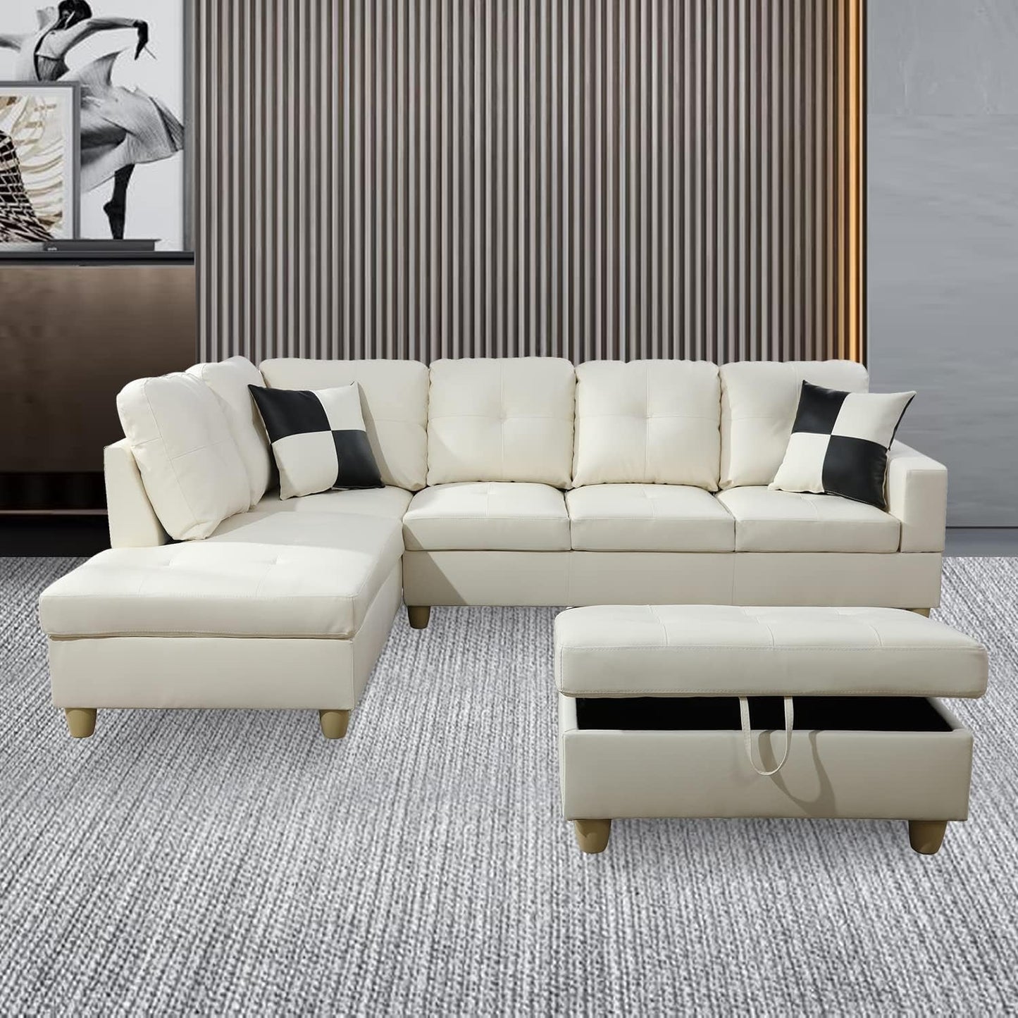 Ponliving Furniture Modern L-Shaped Leather Sectional Sofa Left Hand Facing (White)-0