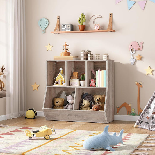 Kids Bookshelf, Bookcase Footboard, Toy Storage Cubby, Children'S Toy Shelf, 35.4" L Toy Storage Cabinet, Fit for Children'S Room, Playroom, Hallway, Kindergarten, Greige BG32CW01-1
