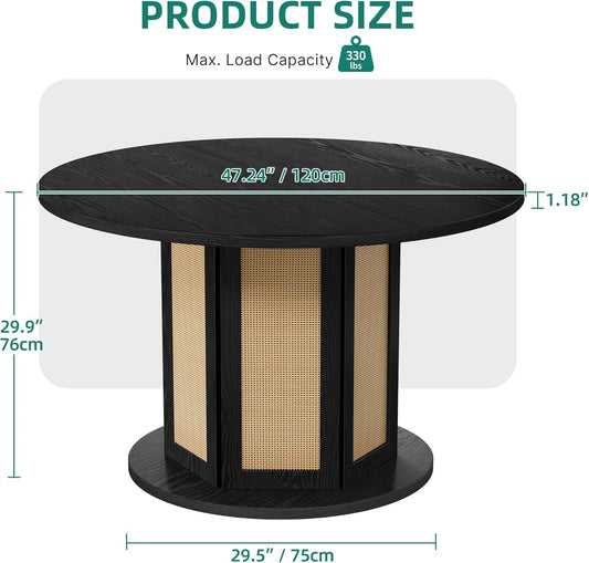round Dining Table for 4-6 People 47 Inch Circle Dining Table with Wooden Rattan Base Modern Farmhouse Kitchen Table round for Dining Room Kitchen Apartment Black-1