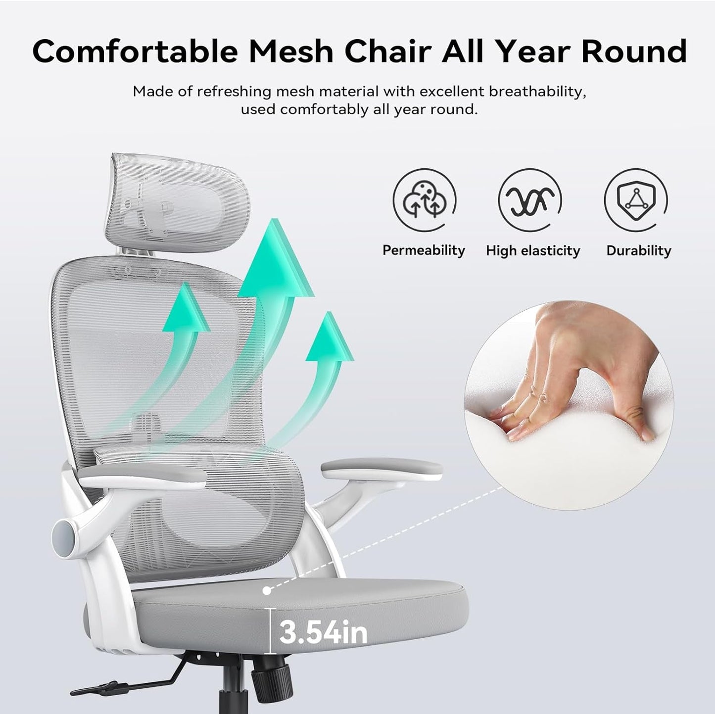 M102C Ergonomic Office Chair, High Back Desk Chair with 3D Armrests, Up&Down Lumbar Support, Swivel Computer Task Chair with Adjustable 2D Headrest, Tilt Function,White-3