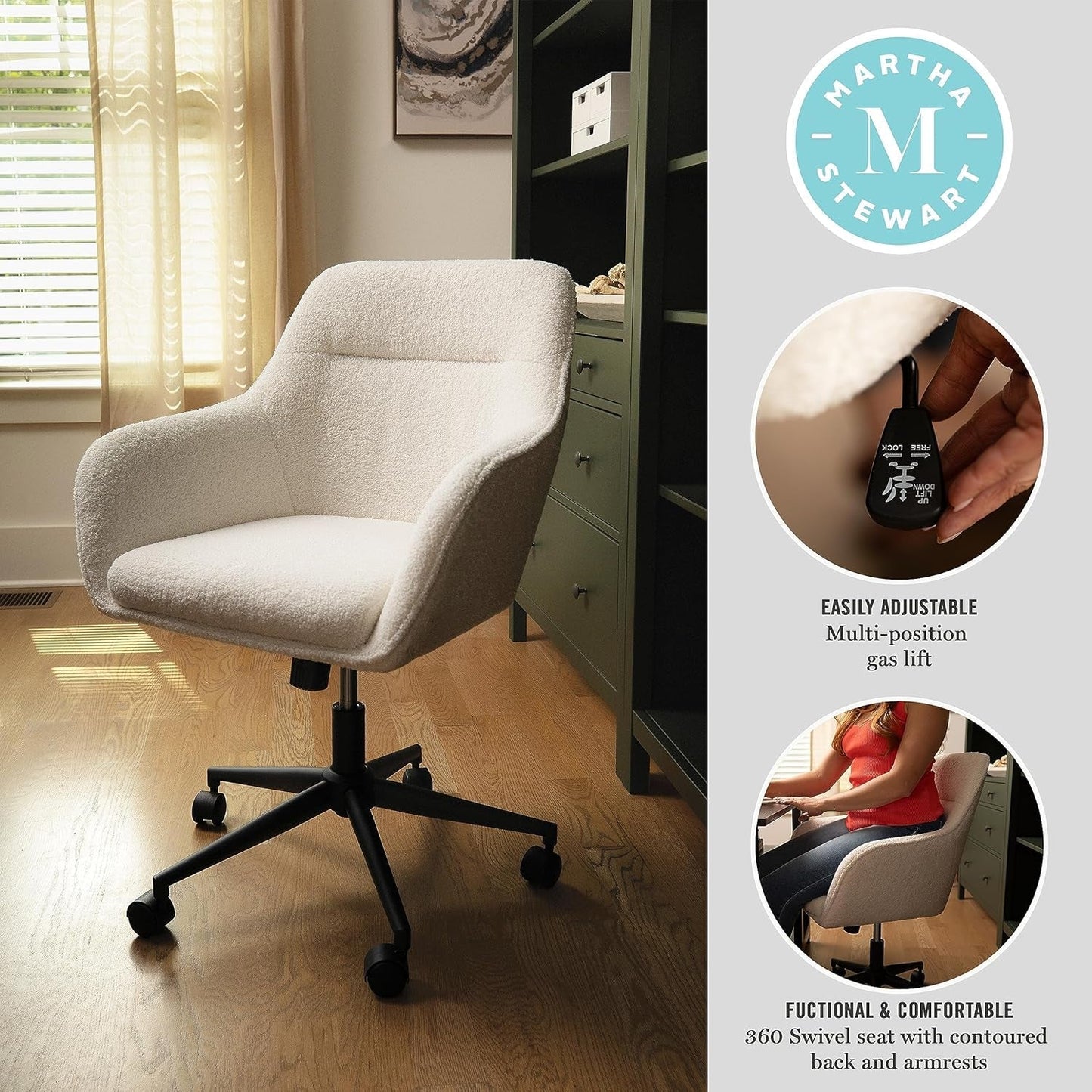 Rayna Swivel Task Chair with Flared Arms for Home Office in White Boucle with Oil Rubbed Bronze Frame-2