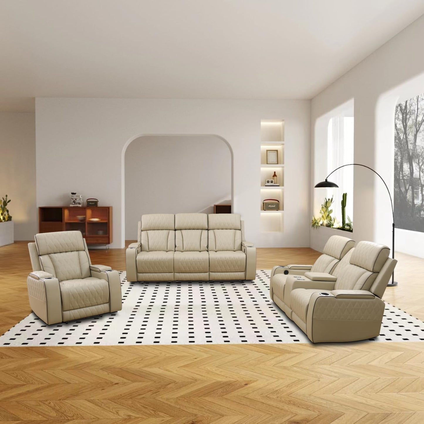 Power Reclining Sofa Set, Living Room Furniture Set with USB Ports, Leather Recliner Couches Set for Living Room/Apartment/Office/Home Theather (Khaki, Sofa+Loveseat+Chair)-0