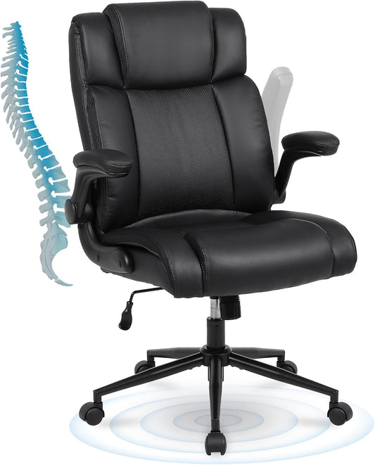 Black Leather Office Chair, Flip-Up Arms, Lumbar, Wheels-1