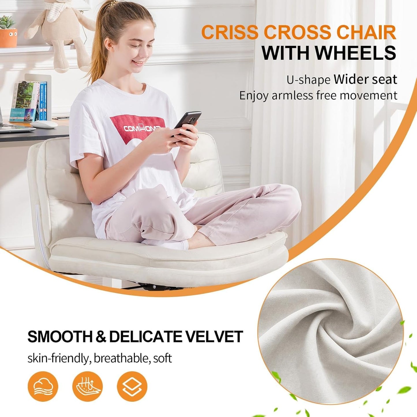 Criss Cross Chair with Wheels, Armless Wide Cross Legged Office Chair Mid Back, Modern Home Office Desk Chair Swivel Adjustable Vanity Computer Chair, Beige Velvet-2