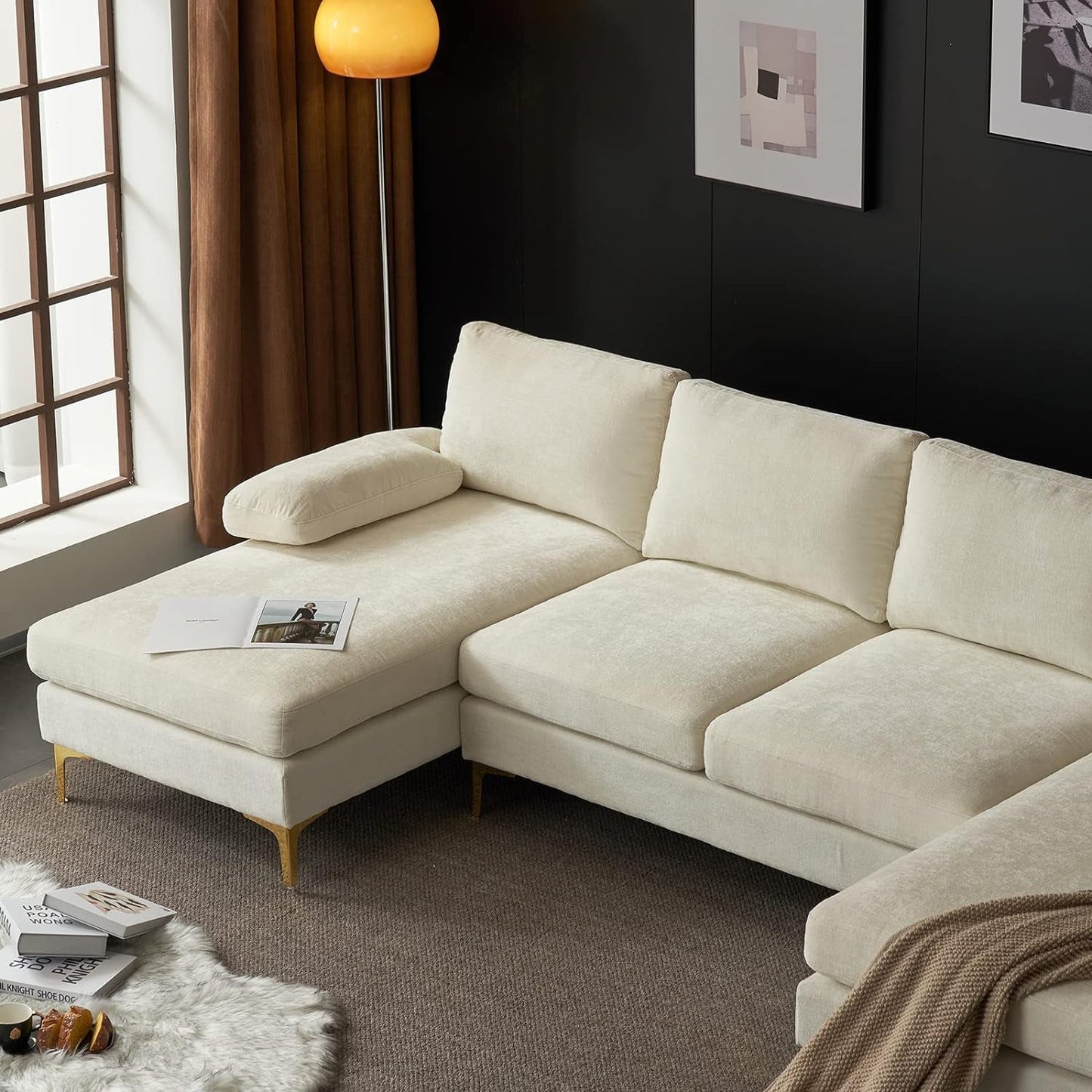 Convertible Sectional Sofa 110" U-Shape Sofa Couch 4-Seat Couch with Chaise Chenillefabric Upholstered for Living Room, Apartment, Office, Creamy White-4