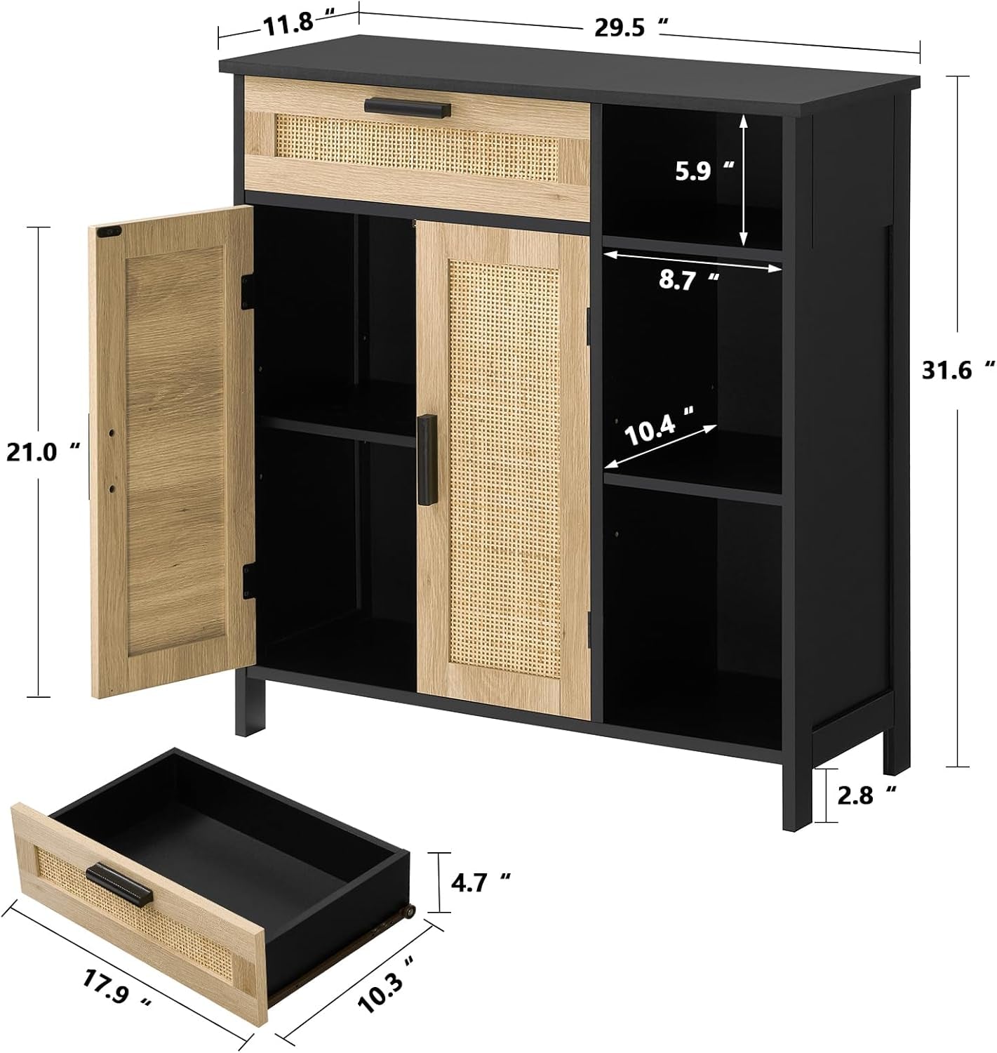 Black Rattan Boho Storage Cabinet with Adjustable Shelves-2