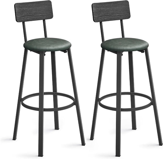 Bar Stools, Set of 2 PU Upholstered Breakfast Stools, 29.7-Inch Barstools with Back and Footrest, Simple Assembly, for Dining Room Kitchen Counter, Classic Black and Forest Green ULBC069C01-0
