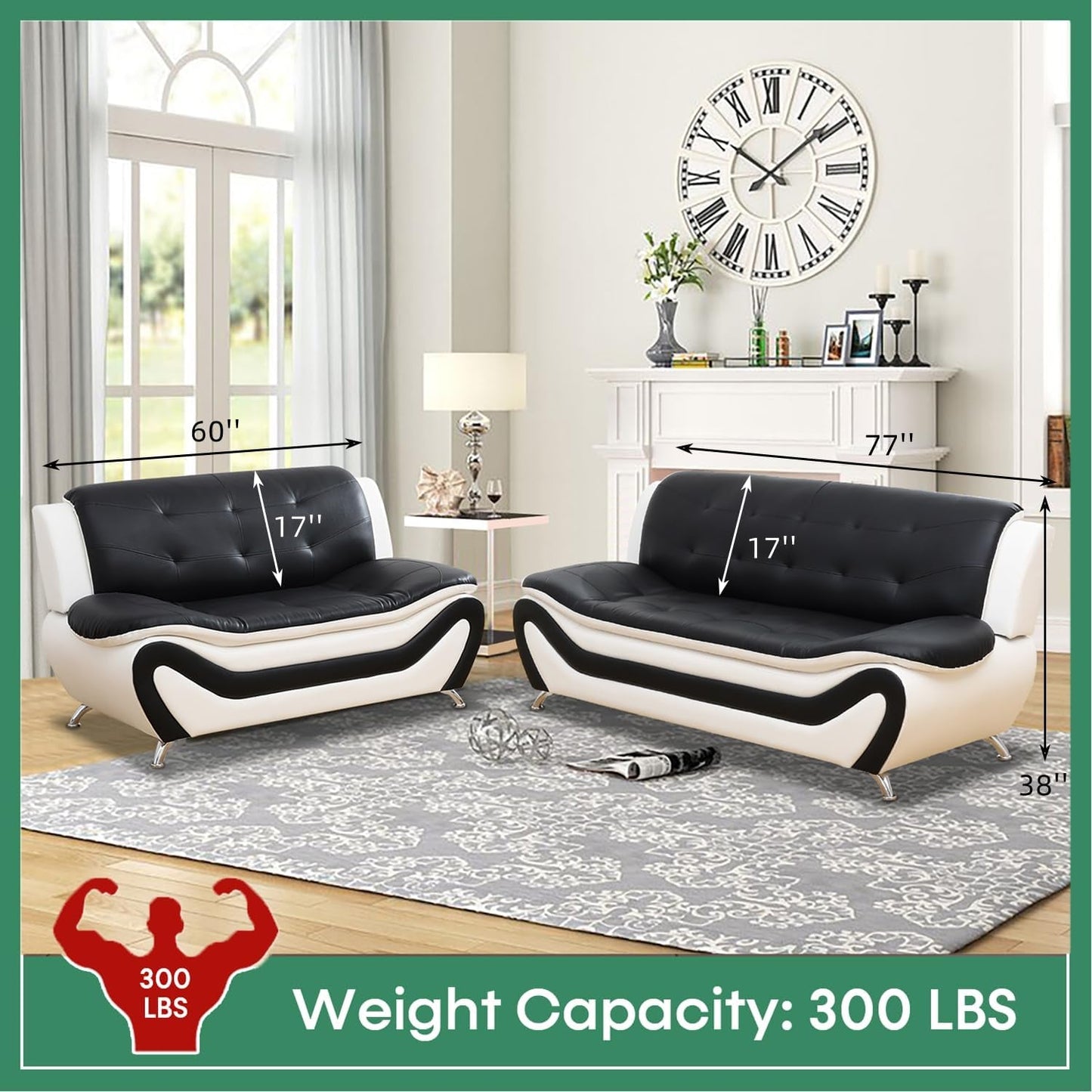 Leather Sofa Set,Leather Sofa Set for Living Room Furniture Sets, Loveseat Sofa with Chair 3-Piece for Living Room/Office/Apartment(Black&White)-1