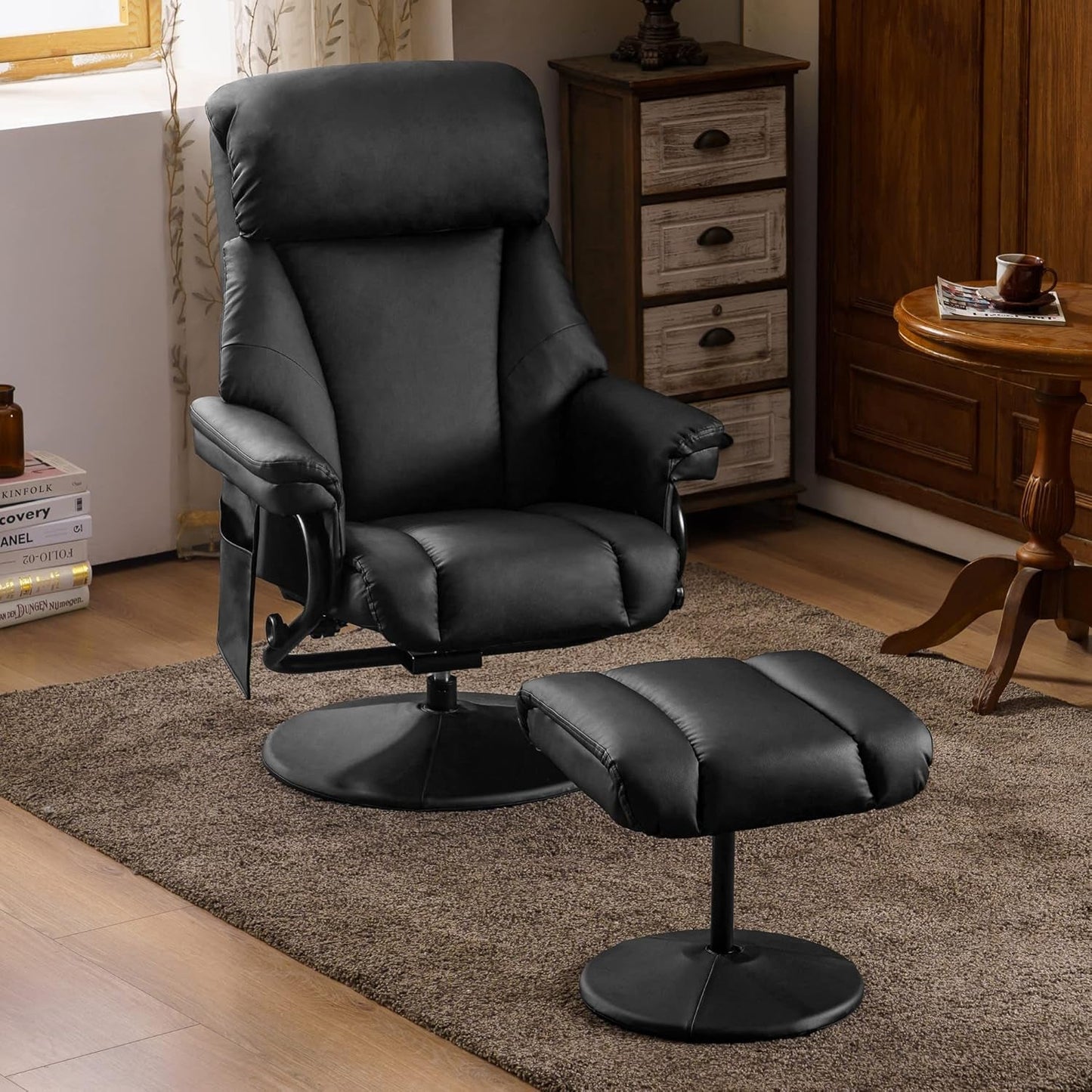 Swivel Recliner with Ottoman, TV Chair with Vibration Massage, Ideal for RV Small Space, Living Room & Bedroom 4539 4828 (Faux Leather, Black)-3