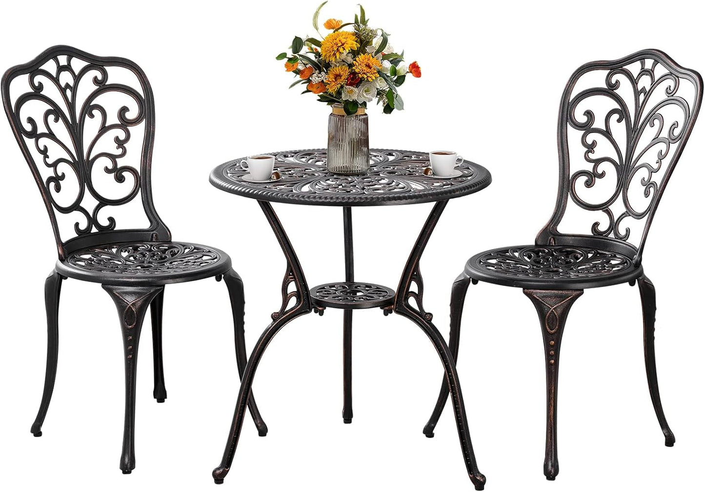 3 Piece Patio Set Outdoor Bistro Set,Cast Aluminum Bistro Table and Chairs Set of 2 with Umbrella Hole,All Weather Patio Bistro Sets for Front Porch Set Garden,Backyard(Brown)-0