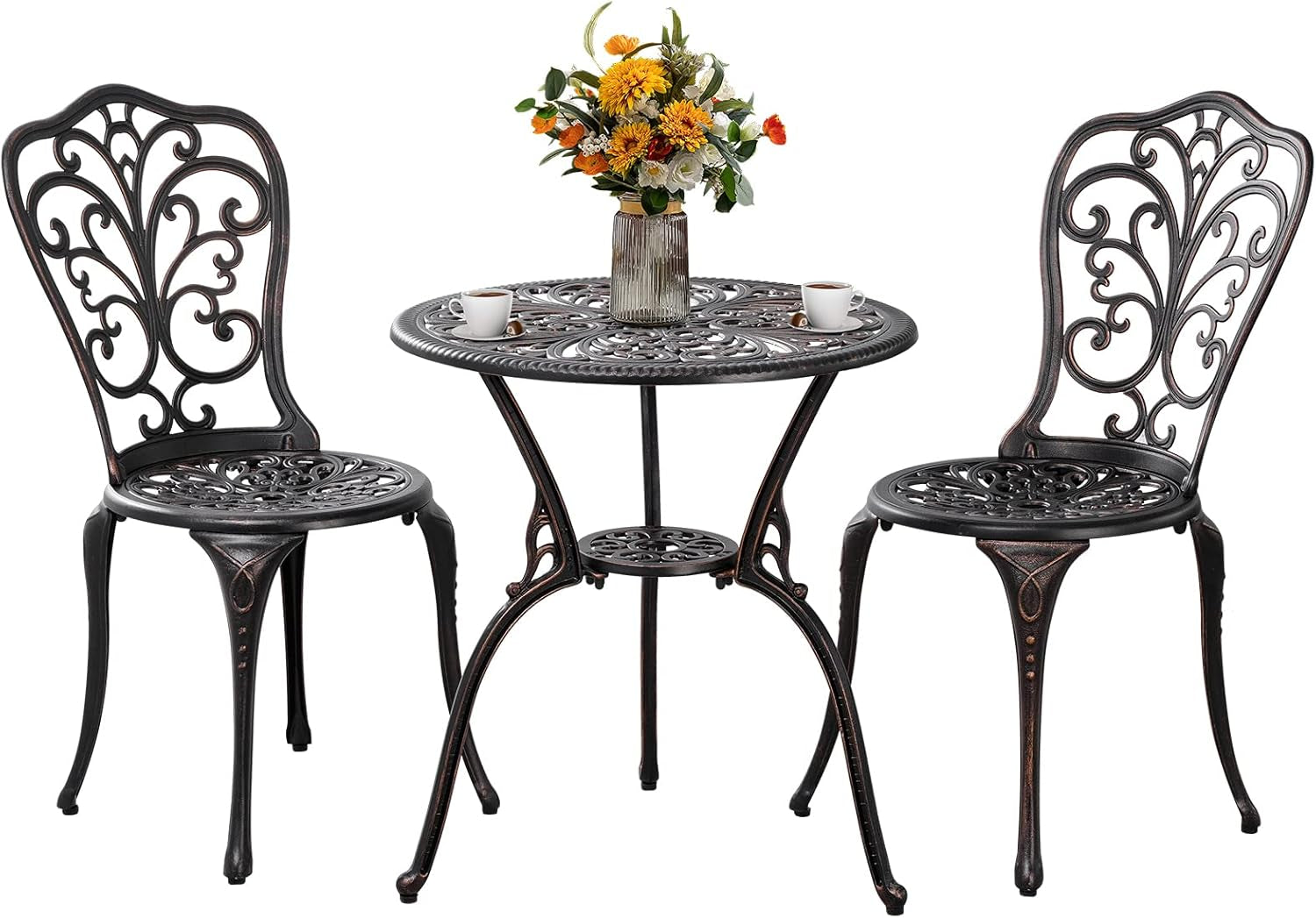 3 Piece Patio Set Outdoor Bistro Set,Cast Aluminum Bistro Table and Chairs Set of 2 with Umbrella Hole,All Weather Patio Bistro Sets for Front Porch Set Garden,Backyard(Brown)-0