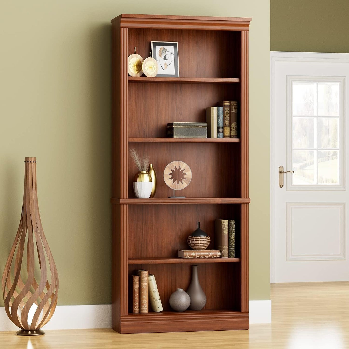 Cherry 5-Shelf Wooden Standing Bookcase Storage Rack-1
