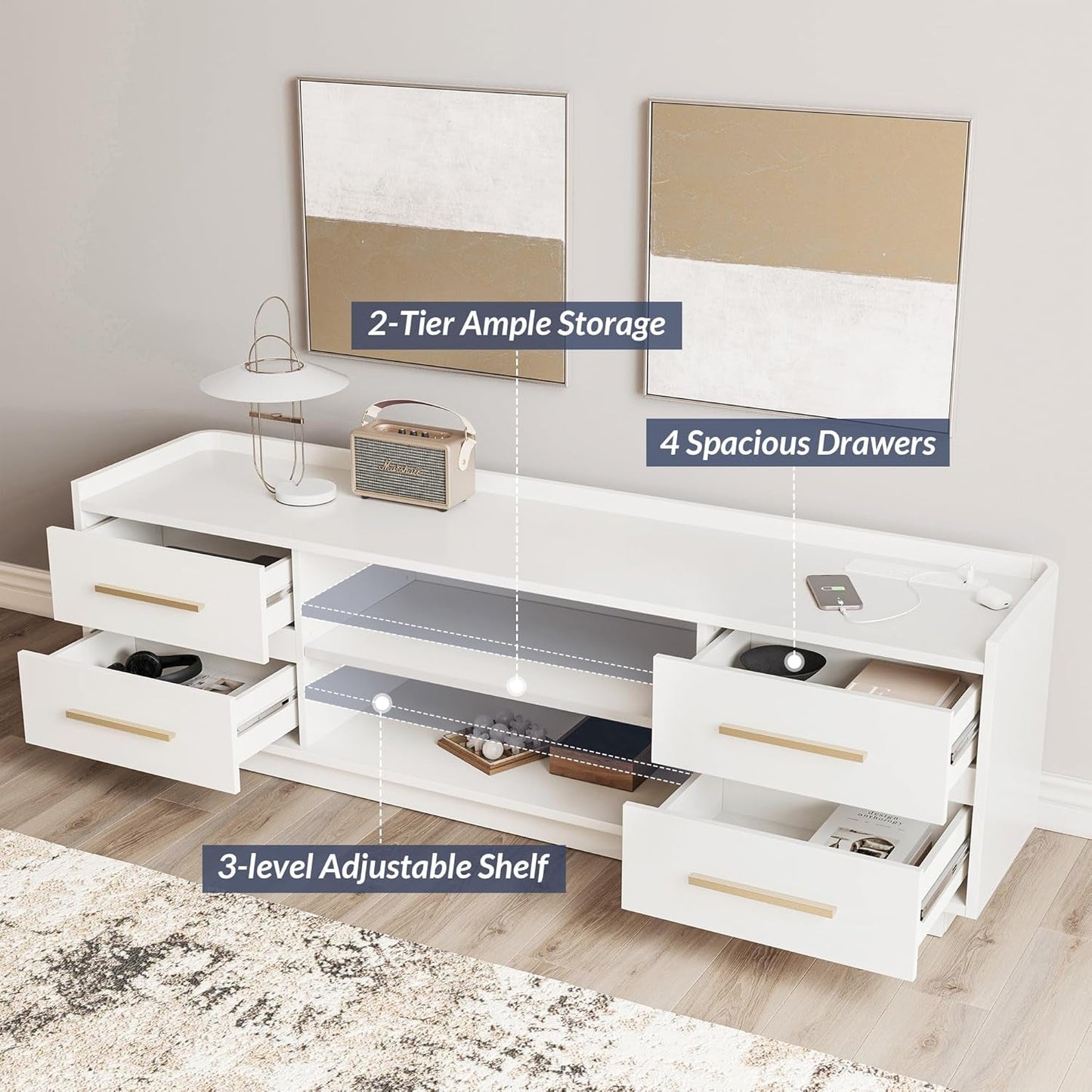 66" TV Stand for Tvs up to 75", LED Light Entertainment Center with Power Outlet, 4 Drawers and 2-Tier Open Shelves TV Cabinet, TV Console for Living Room, Bedroom - Corrigan (White)-3