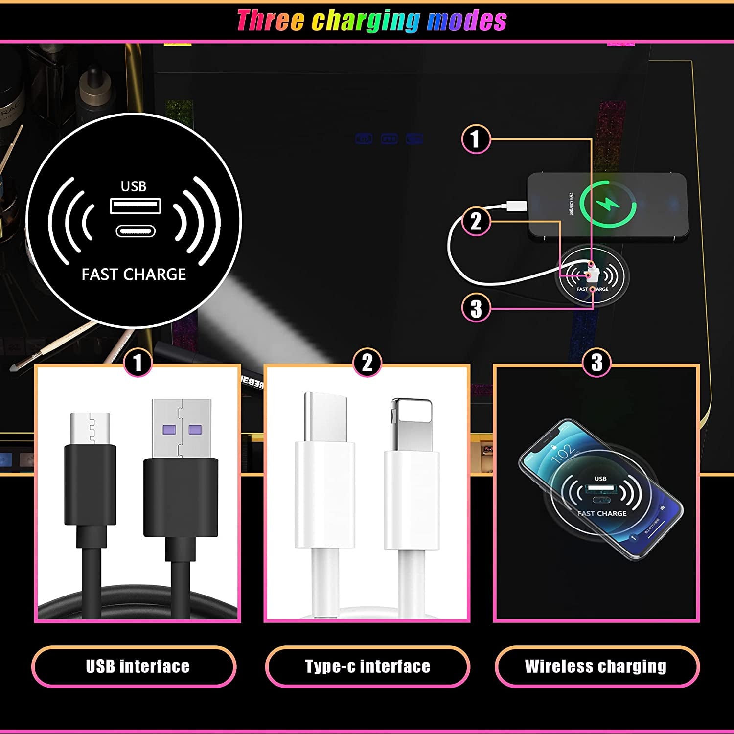 Black Makeup Vanity Set with RGB LED Lighted Mirror-2