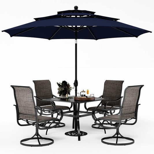 Patio Dining Set with Umbrella for 4, Outdoor Table & Chairs Set with 4 Padded Swivel Patio Dining Chairs, 1 Metal Dining Table and 10Ft Navy Blue Large Patio Umbrella (No Umbrella Base)-0