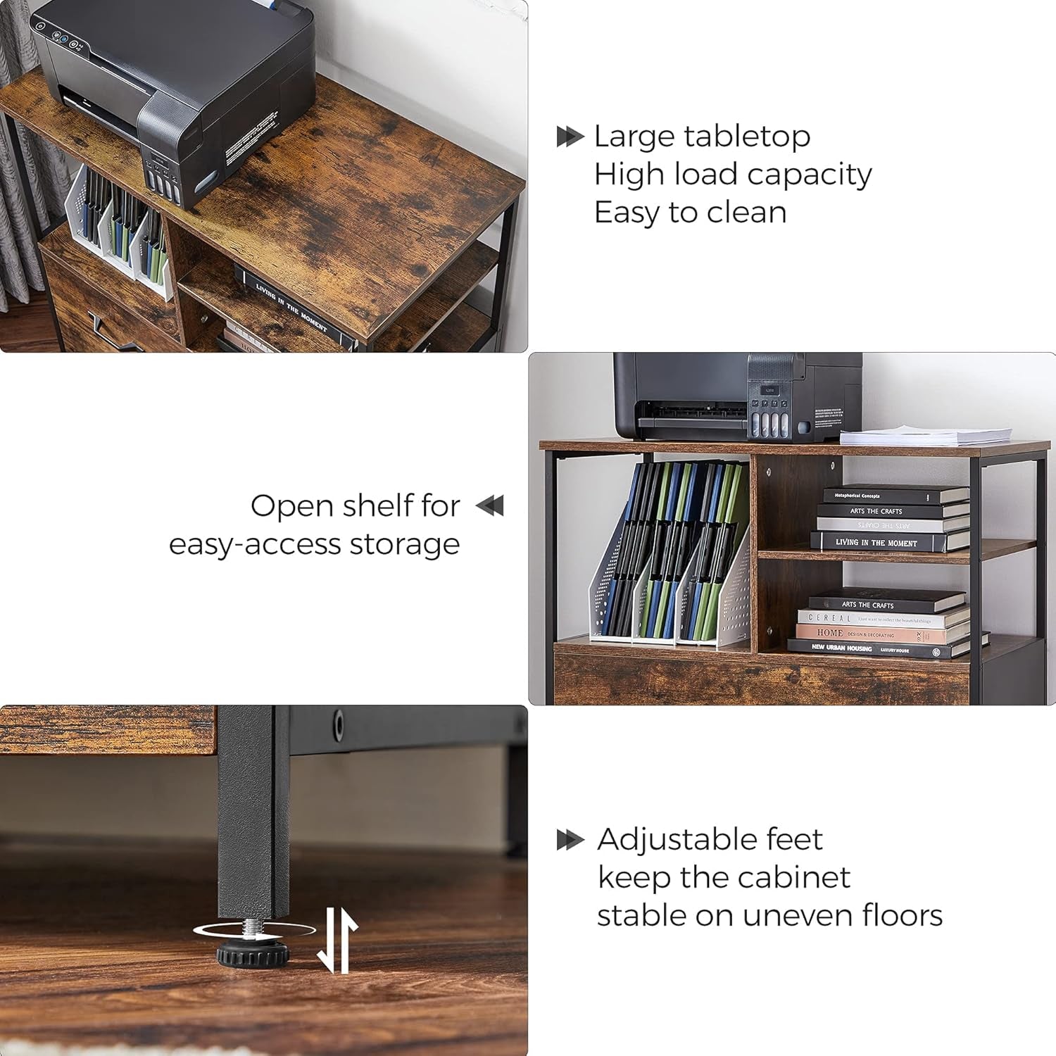Lateral File Cabinet for Home Office, Filing Cabinet with Open Shelves and Drawer, for A4, Letter and Legal Sized Documents, Printer Stand, Rustic Brown and Black UOFC043B01-4