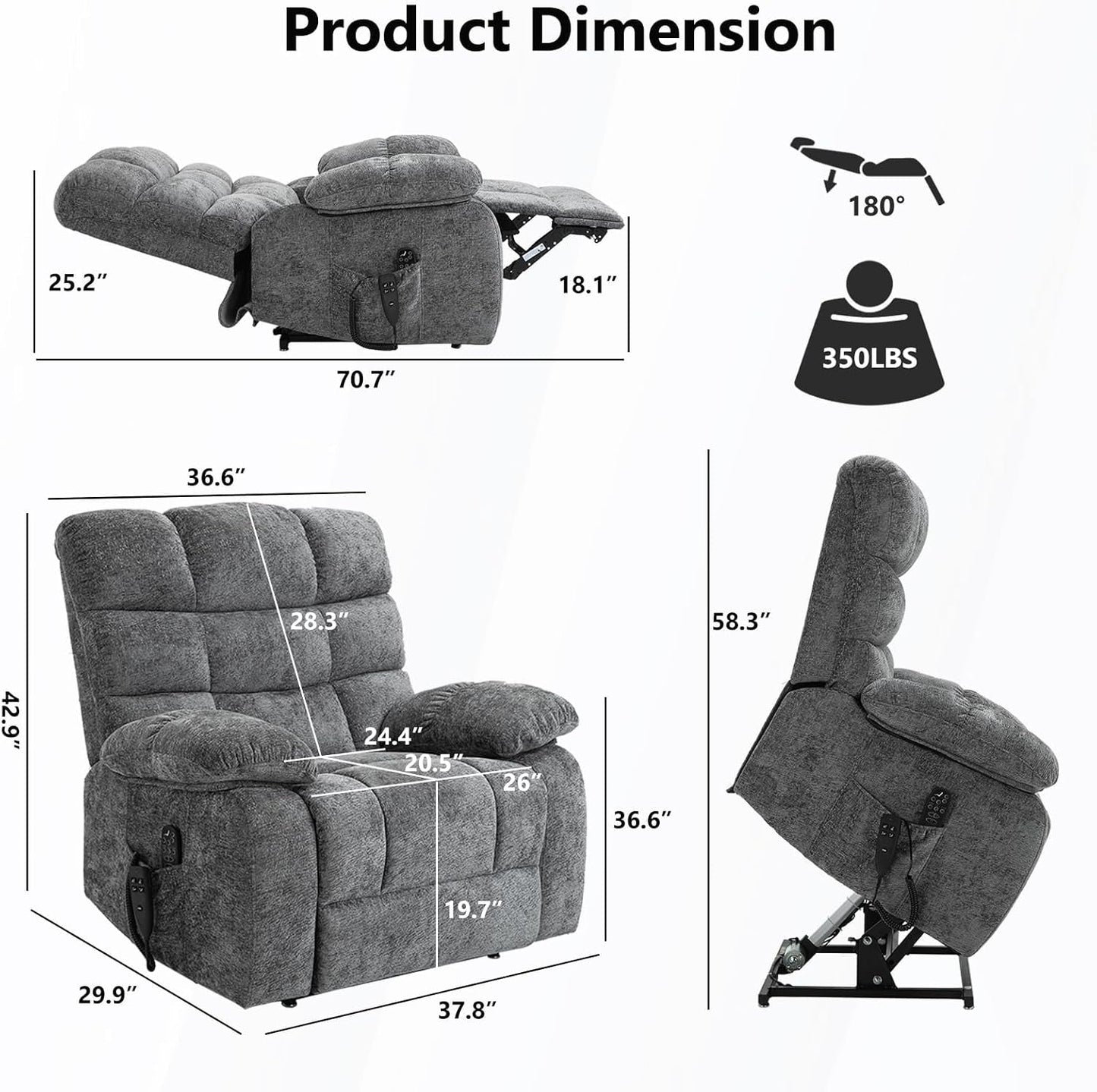 Lay Flat Recliner with Vibration Massage and Lumbar Heating, 26'' Wide Recliner Chair with Infinite Position and 2 Remote Controls, Soft Chenille Lift Recliner for Living Room, Gray-2