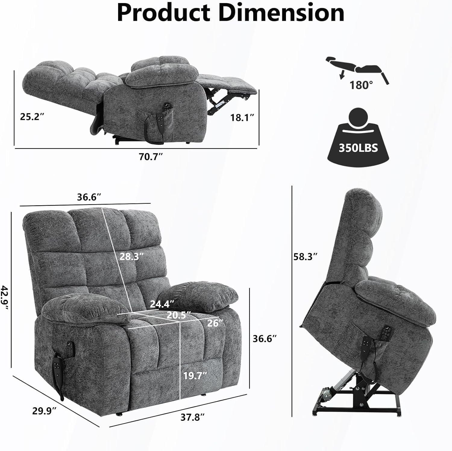 Lay Flat Recliner with Vibration Massage and Lumbar Heating, 26'' Wide Recliner Chair with Infinite Position and 2 Remote Controls, Soft Chenille Lift Recliner for Living Room, Gray-2