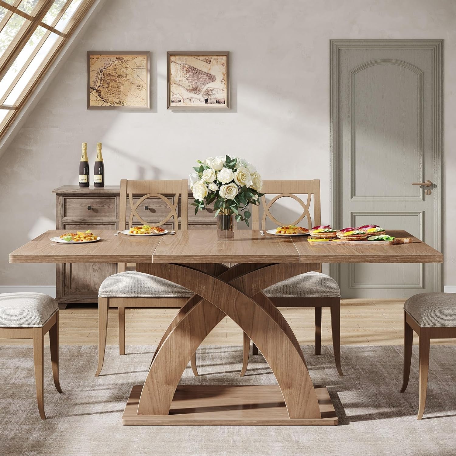 Dining Table for 4-6 People, 63" L X 31.5" W Modern Rectangular Kitchen Table with Thick Wooden Pedestal Base, Wood Dinner Table Dining Room Table-4