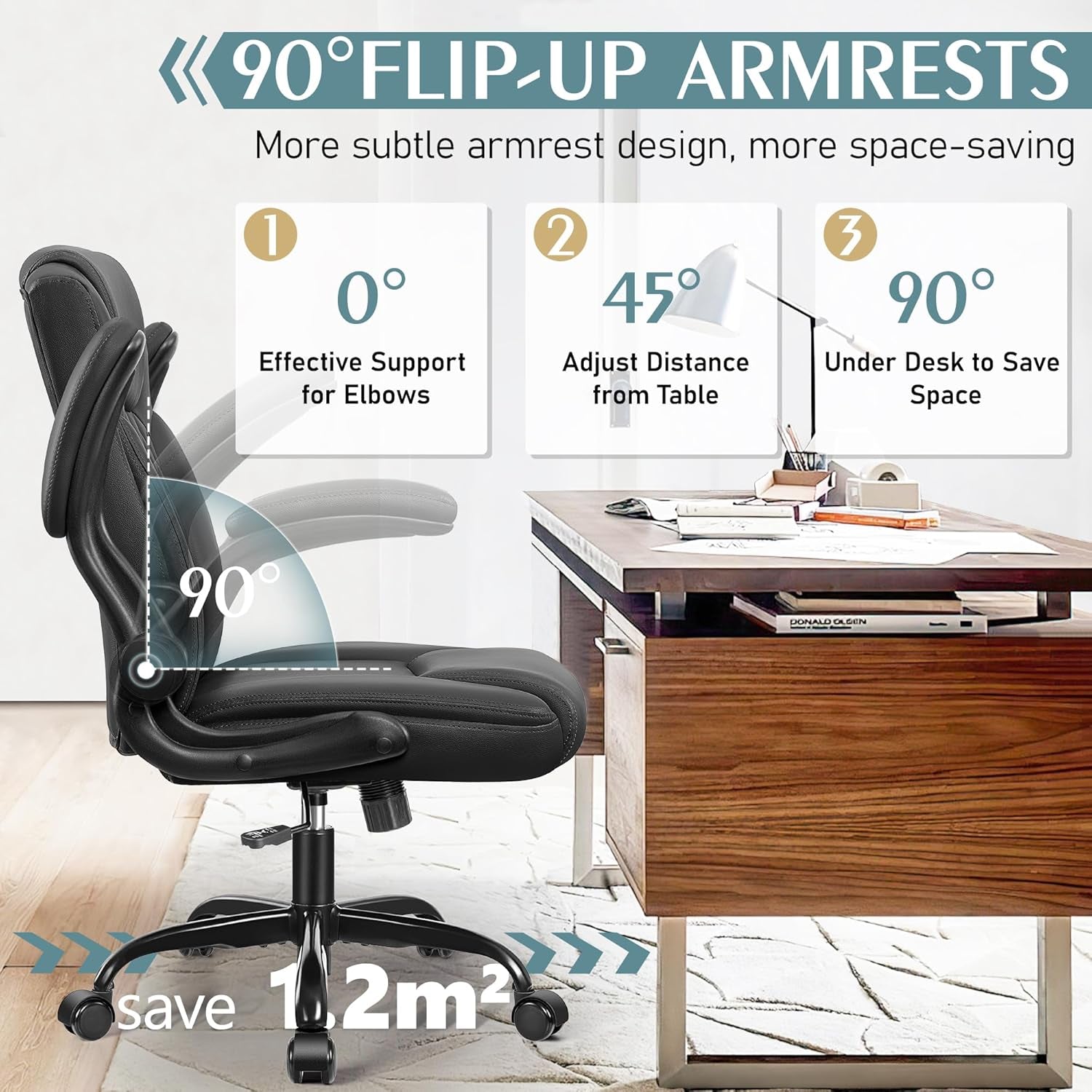 Leather Office Chair, PU Home Computer Desk Chairs with Ergonomic Back Support, 360°Swivel Free，Small Gmaing Chair with Wheels and Adjustable Armrests, for Short People Use, Black-3