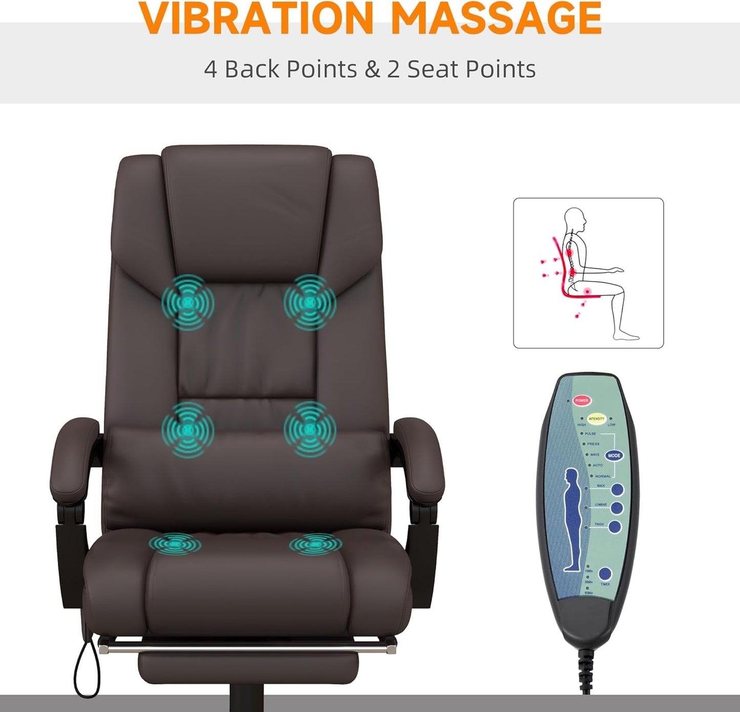 High Back Massage Office Chair with 6 Vibration Points, PU Leather Reclining Computer Chair, Ergonomic Desk Chair with Footrest Adjustable Height and Remote, Brown-3