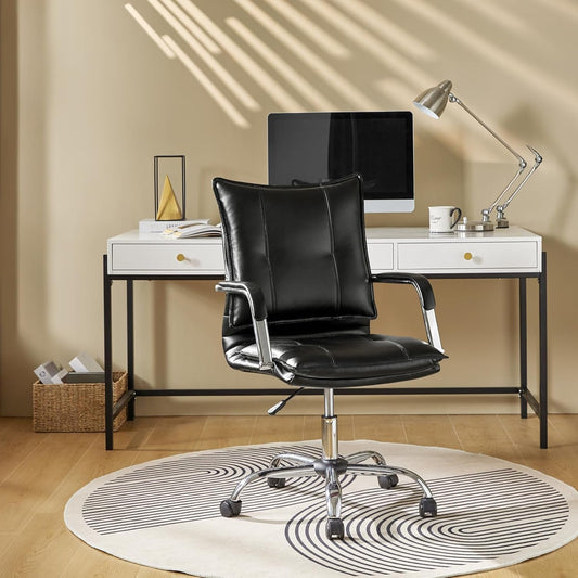 Faux Leather Home Office Desk Chair, Adjustable Swivel Computer Chair with Sliver Legs and Arms, Comfy Upholstered Task Chair(Black)-0