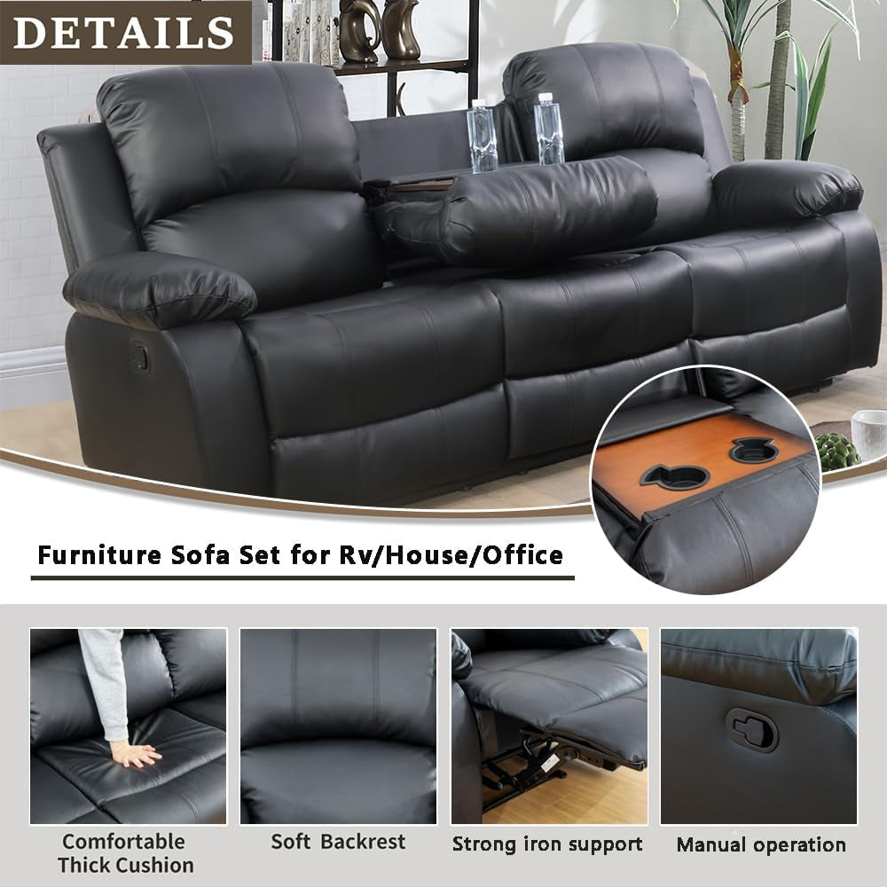Living Room Furniture Set Leather Recliner Sofa Set Loveseat Chair Furniture Sofa Set for Living Room/Small Space/Rv/House/Office/Theater Seating (A-Black Leather, Sofa(3Seater))-2