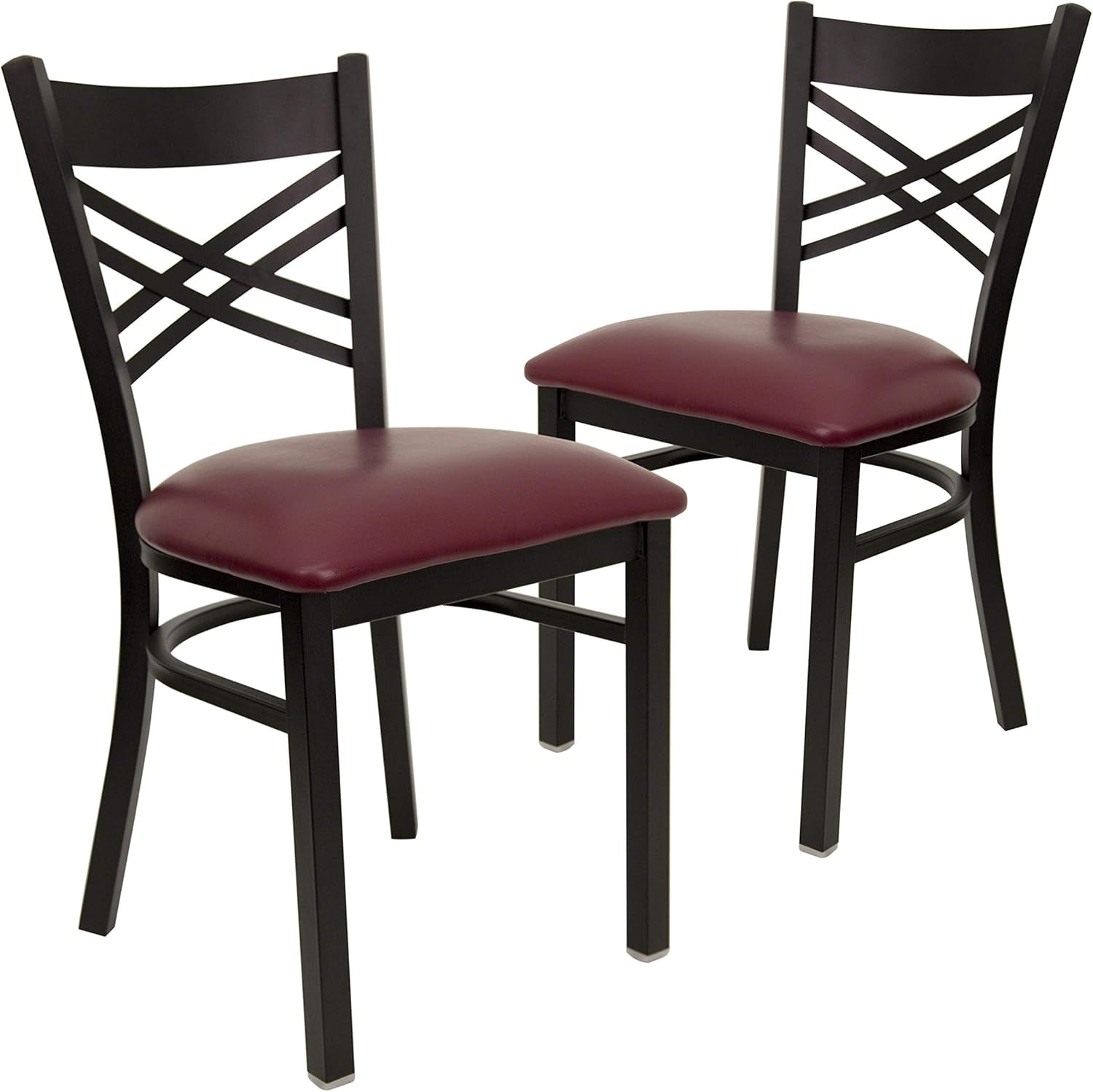 2 Pack HERCULES Series Black ''X'' Back Metal Restaurant Chair - Burgundy Vinyl Seat-1