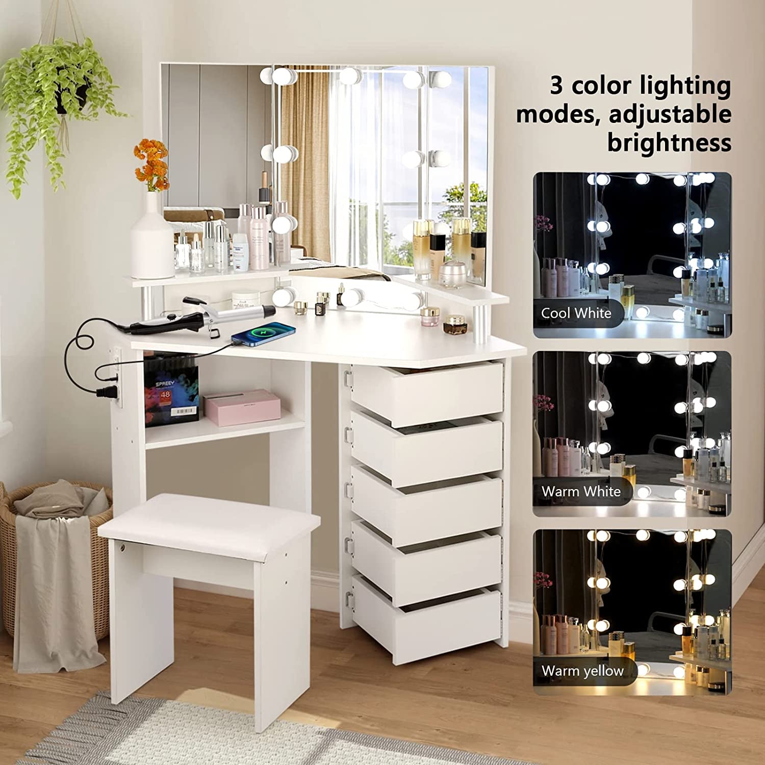 Corner Vanity Desk with Lights and Drawers-3