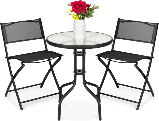 3-Piece Patio Bistro Dining Furniture Set W/Textured Glass Tabletop, 2 Steel Folding Chairs, Polyester Fabric - Black-0