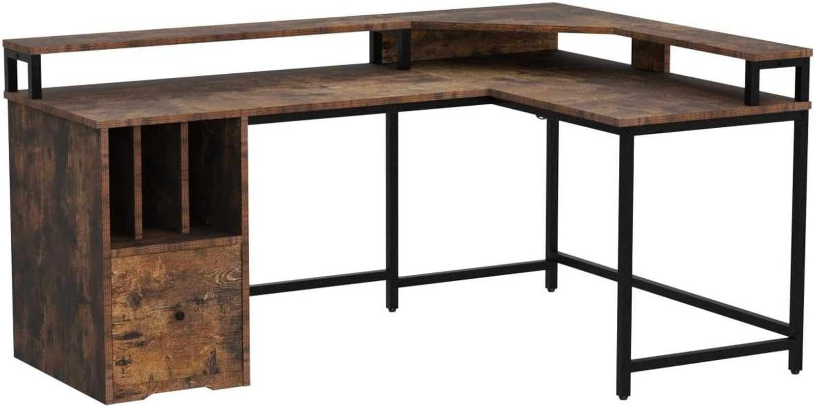 L Shaped Desk with Power Outlets & LED Lights, 67" Computer Desk with File Drawer, Corner Desk Home Office Desk with Monitor Stand & 3 Cubbies Storage Shelves, Rustic Brown-4