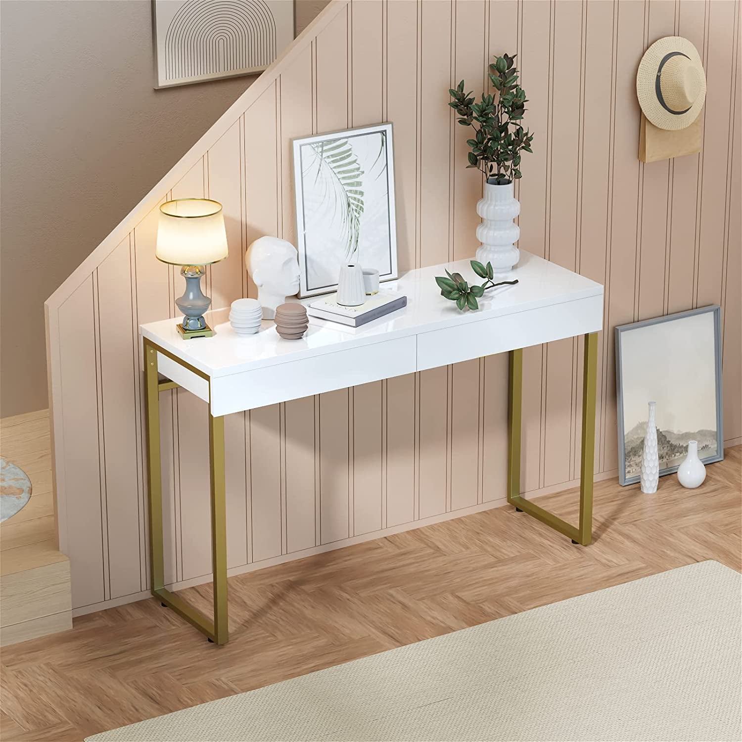 White Glossy Vanity Desk with Gold Legs, 2 Drawers-3