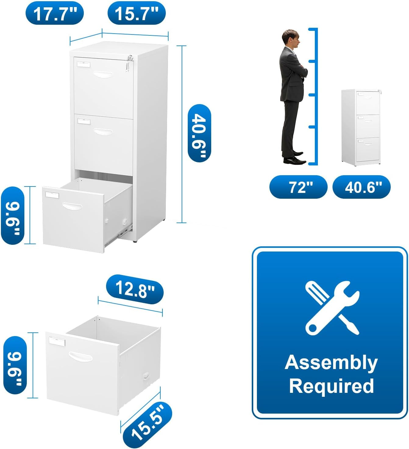 Metal File Cabinet with Lock, 3 Drawer Filing Cabinet, White Locking File Cabinet for Home Office, Light Duty Narrow Modern File Storage Cabinet for Hanging Letter/Legal/A4/F4 Size-Assembly Required-2