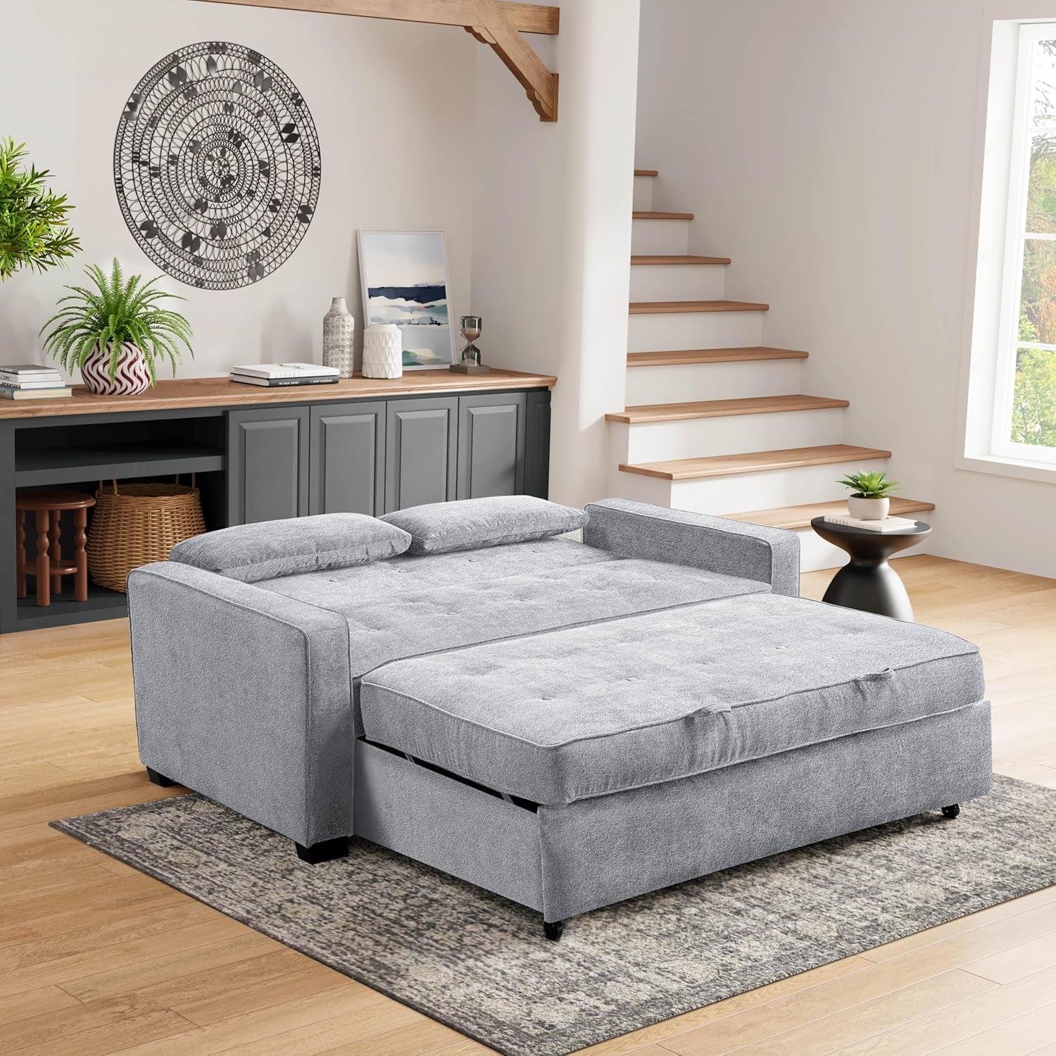 Lifestyle Solutions Ainsley Full Size Convertible Loveseat, Light Grey-3