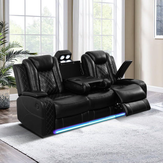 Electric Power Recliner Sofa Living Room Furniture, Comfy Home Theater Breathing Leather Seating with USB 2.0 Charging Ports, LED Light Strips, Fold-Down Table & Wireless Charging Device (Black)-0