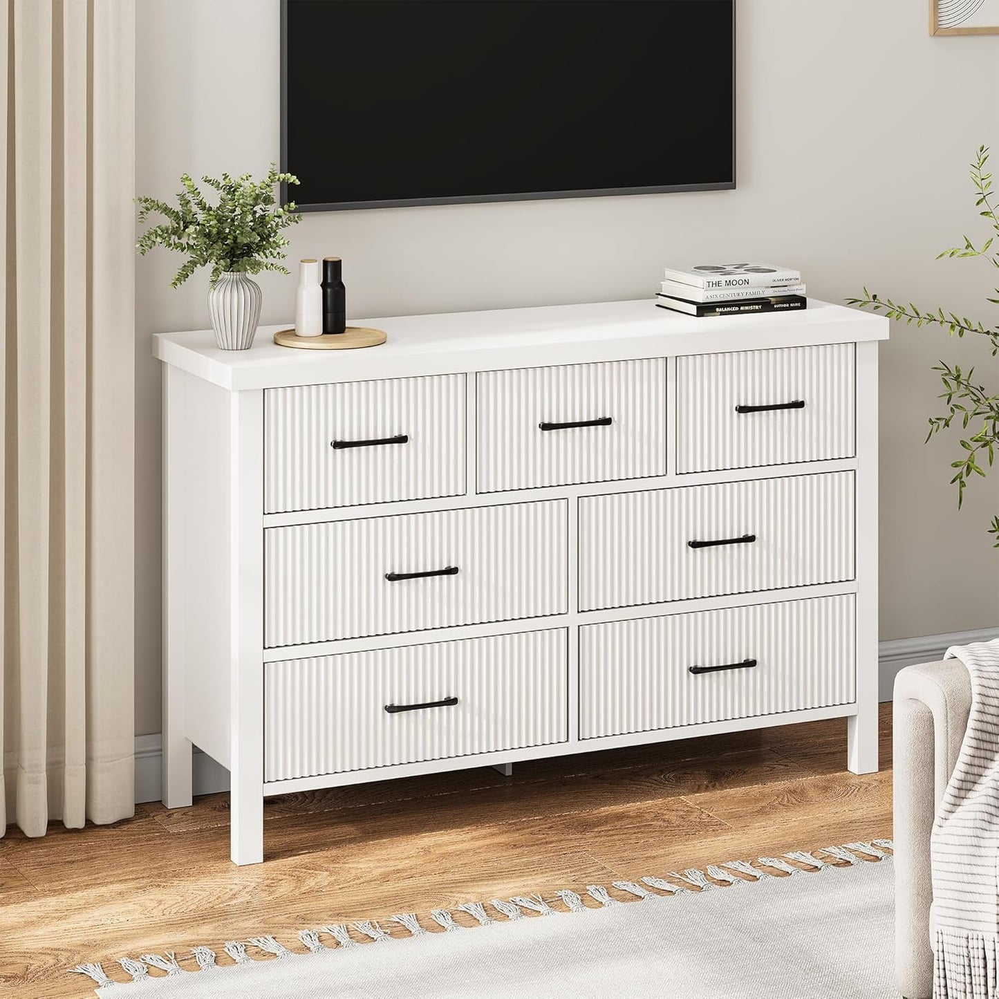 White Dresser 7 Drawer Dresser for Bedroom, Modern Fluted Dresser with Solid Wood Legs, Long Double Wooden Dresser Large Chest of Drawers for Living Room, Entryway, Hallway (White Fluted)-3