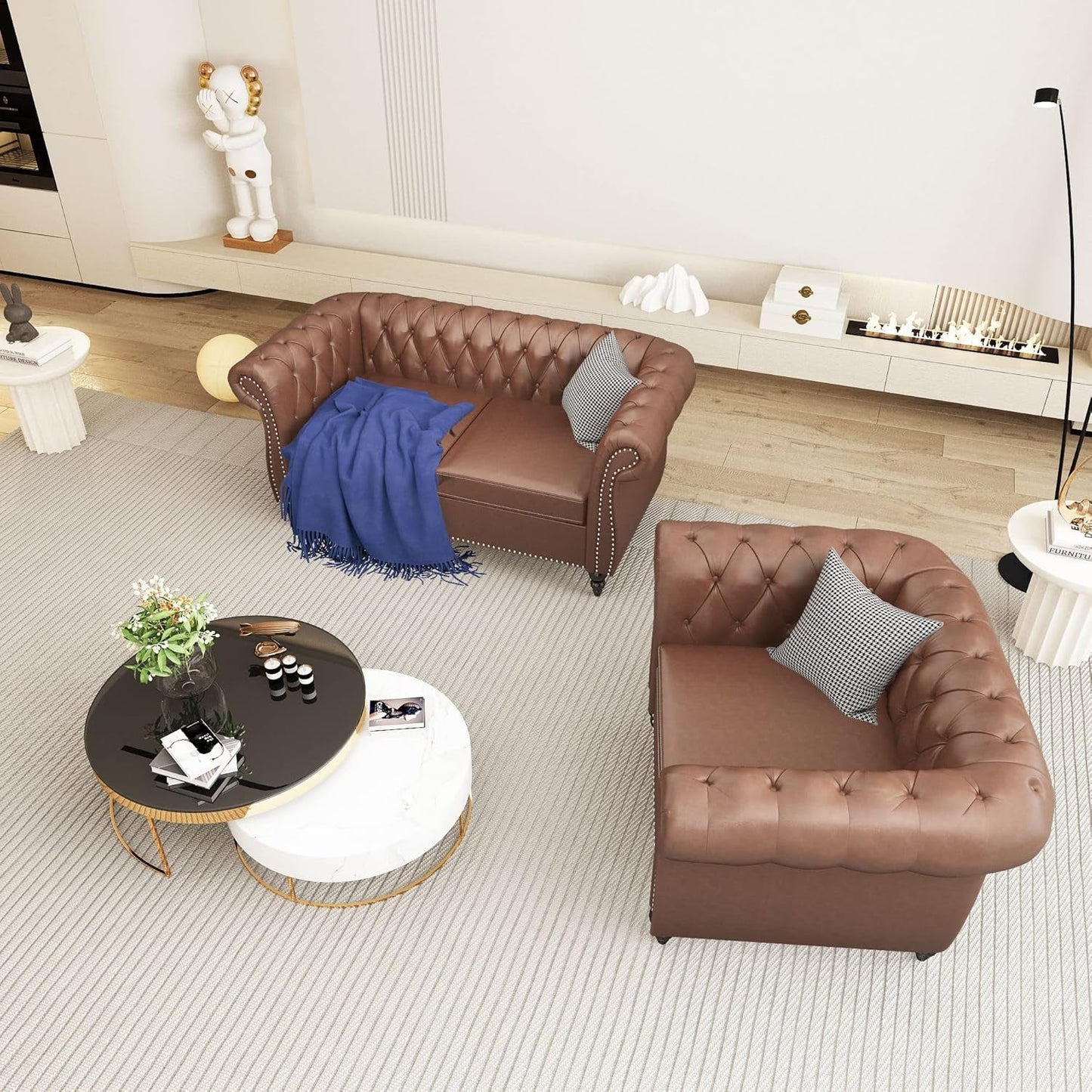 Sectional Modular Sofa Couches, PU Leather Modular Sofa Furniture Set Tufted Cushion Suitable for Small Space Configuration, Office Meeting Room Couch (PU Brown, 1-2)-2