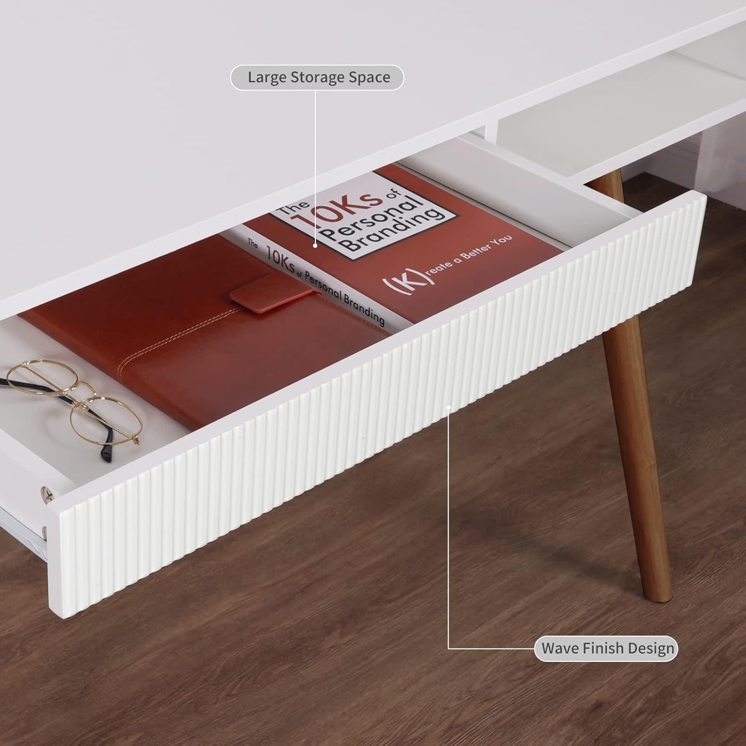 White Writing Desk with Drawers Mid Century Modern Desk, Wood Office Desk Computer Desk Vanity Desk for Small Space, White Desk with Walnut Legs-3