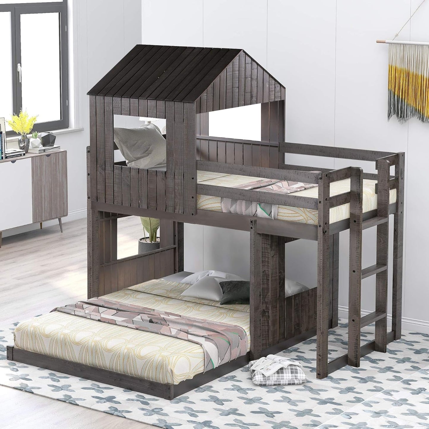 House Bunk Beds Twin over Full Size, Wood Bunk Beds with Roof and Window (Distressed Grey, Twin over Full)-2