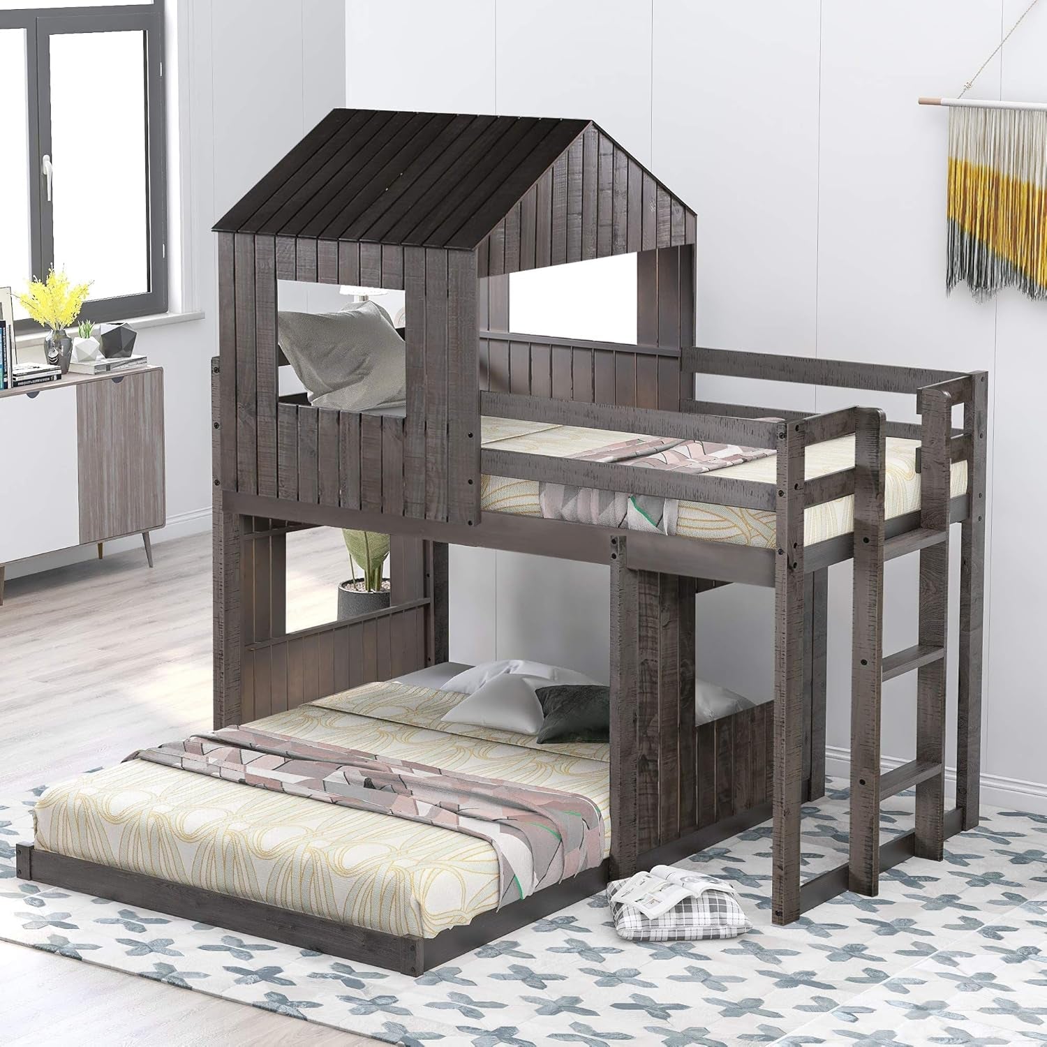House Bunk Beds Twin over Full Size, Wood Bunk Beds with Roof and Window (Distressed Grey, Twin over Full)-2