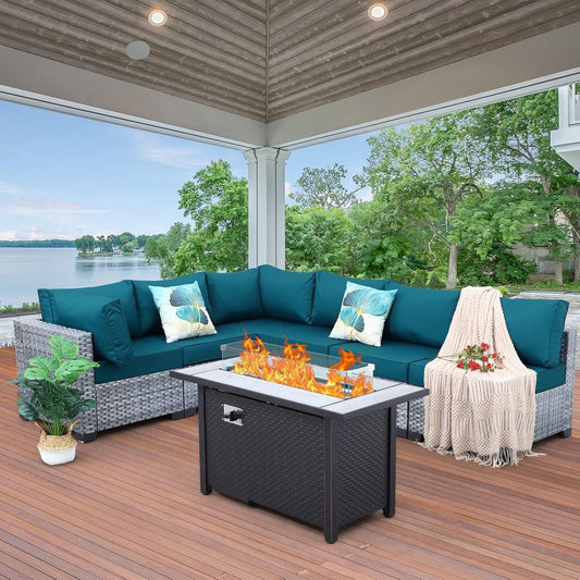 7 Pieces Wicker Patio Furniture Set,Pe Rattan Outdoor Sectional Conversation Sofa Set with Fire Pit Table, Non-Slip Cushions and Furniture Cover, Peacock Blue-1