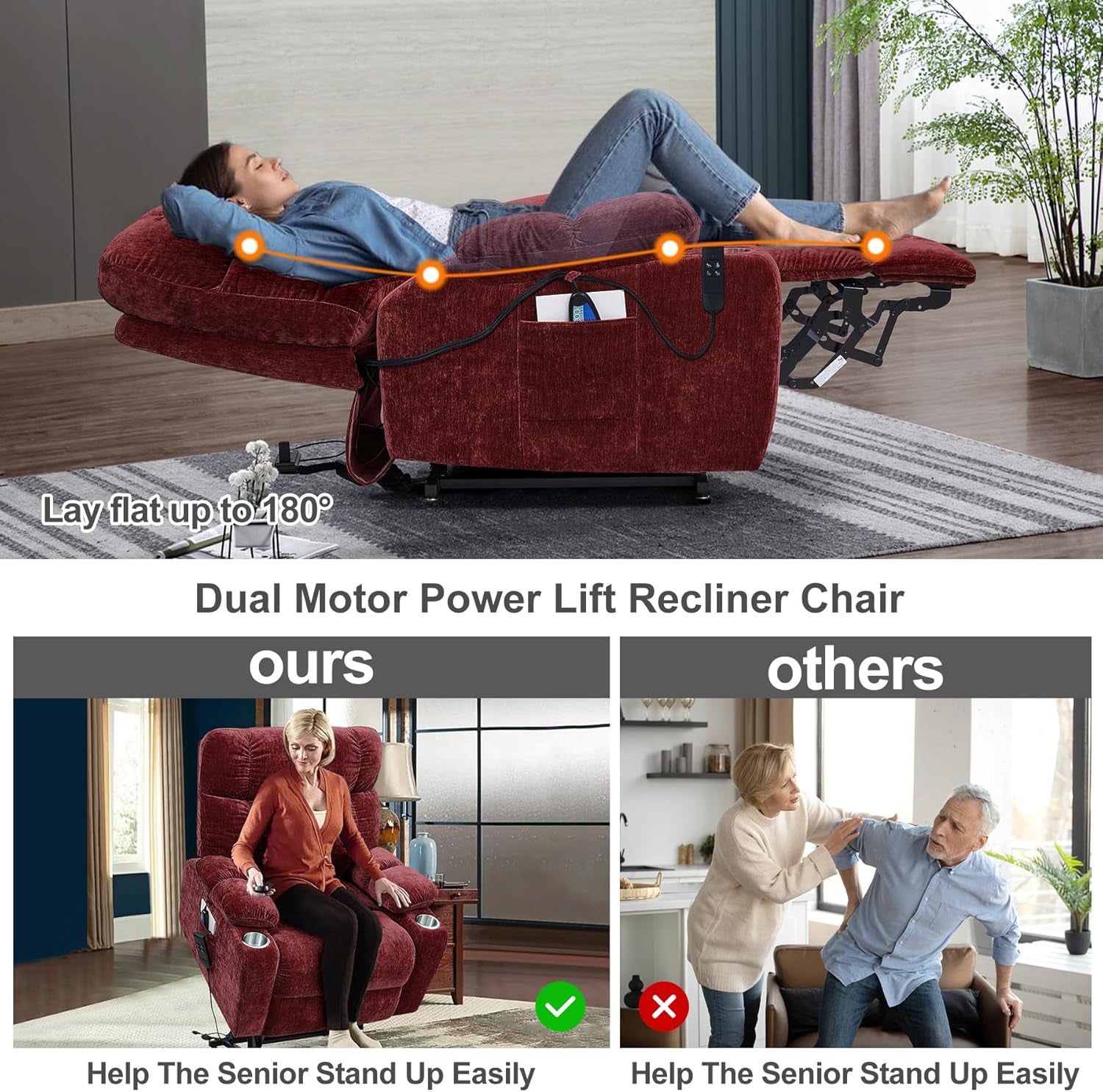 180 Degree Flat Sleeping Electric Dual OKIN Motor Lift Recliner Chair with Vabriation Heating for Elderly, Infinite Position Soft Fabric Power Recliner Sofa Chair for Living Room Red-2