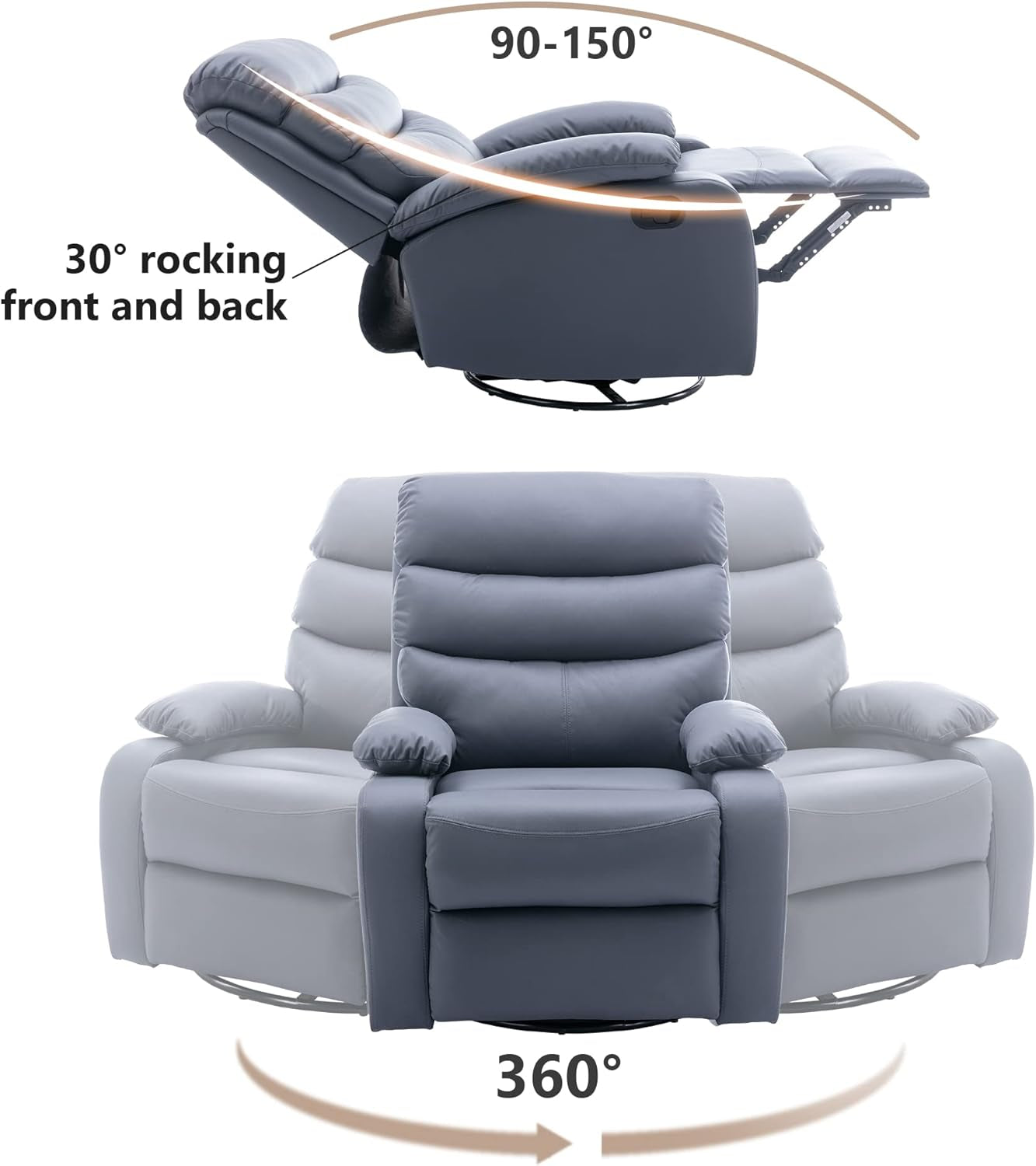 Swivel Rocker Recliner Chair for Adults, Rocking Recliner Chair, Manual Small Recliners for Small Spaces, Living Room, Nursery, RV, Dark Grey-2