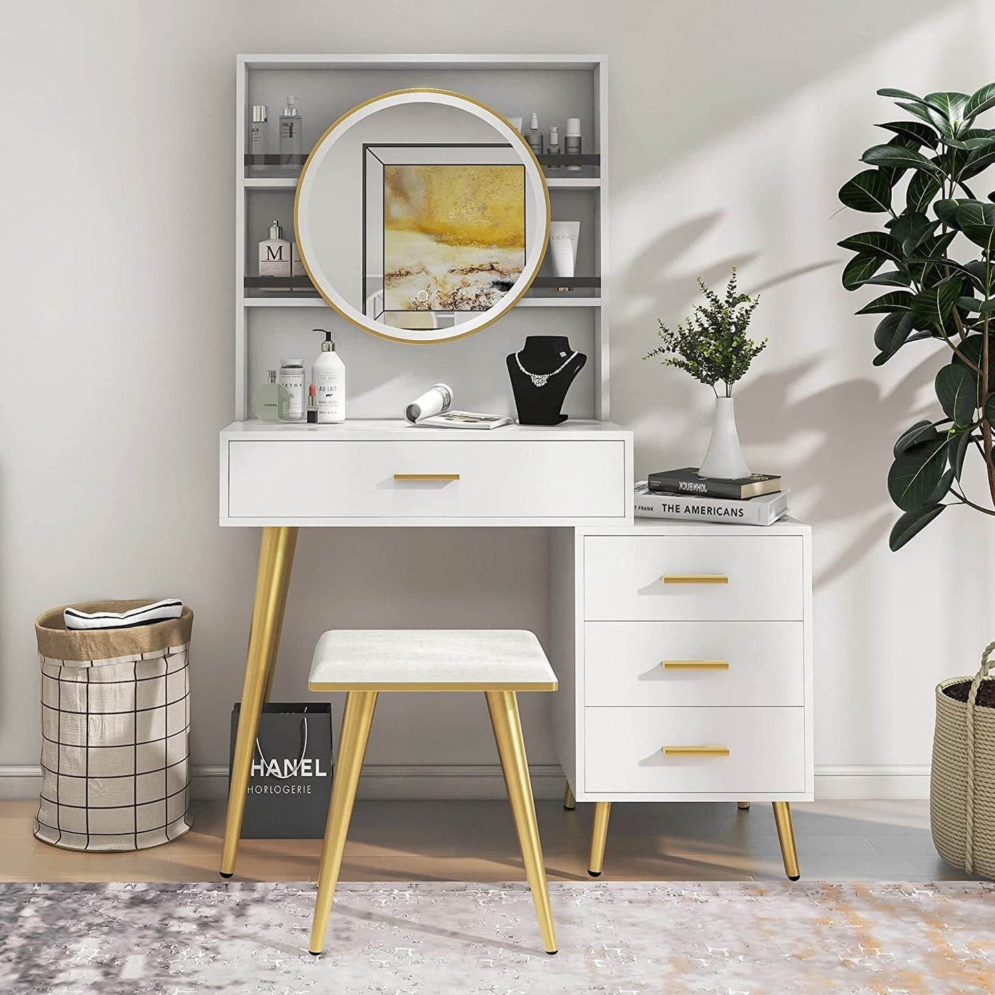 White Vanity Desk with Mirror and Lights, 5 Drawers-0