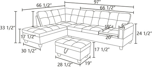 3-Piece Flannel Sectional Sofa Set with Left Facing Chaise and Storage Ottoman, Pillow, L-Shaped Couch for Living Room, Office, Apartment, Grey-1