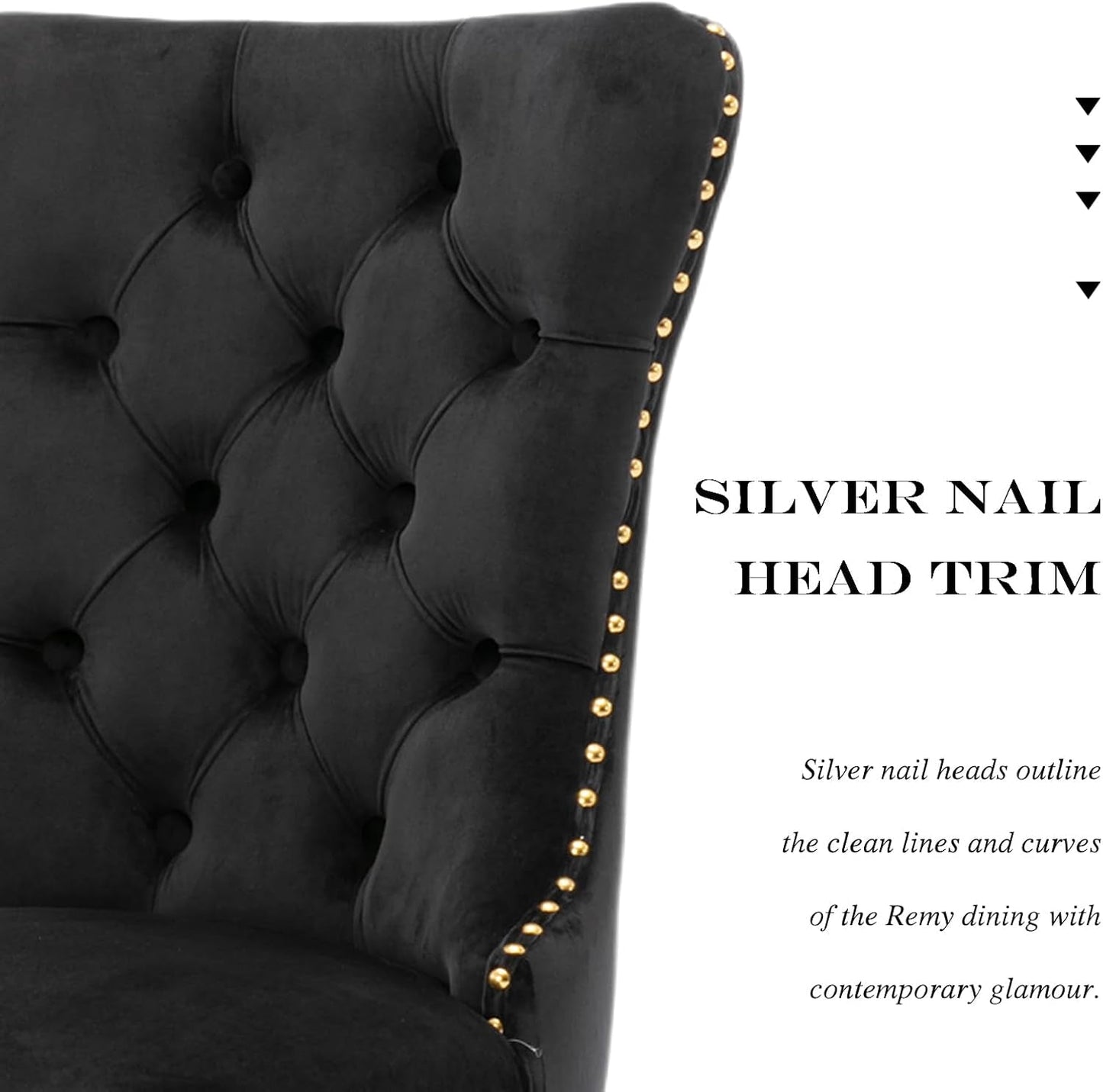 Velvet Dining Chair Set of 2, Upholstered Tufted Dining Room Chair with Nailhead Trim and Stainless Steel Gold Plated Leg for Kitchen, Black-4