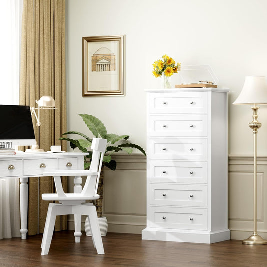 White 6-Drawer Dresser with Metal Handles-0