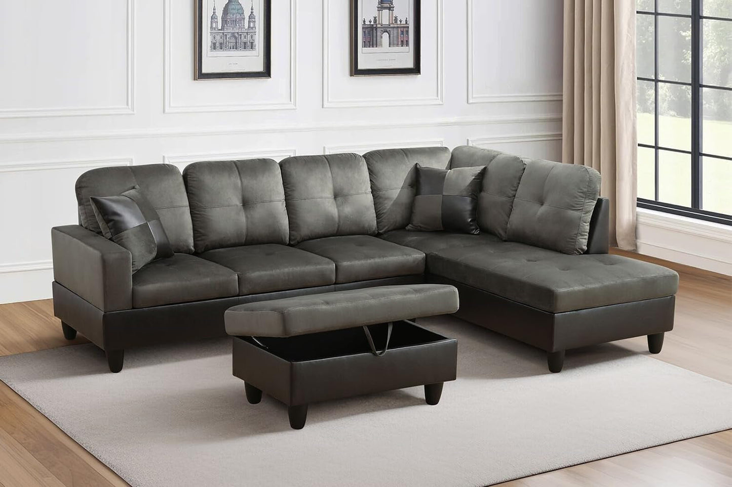 Taupe Sectional Couch for Living Room Set, 105 Inch Sectional Sofa L Shaped Couch with Storage Ottoman/Microfiber Fabric/Facing Right Chaise-0
