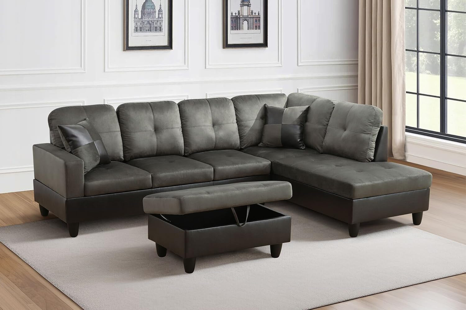 Taupe Sectional Couch for Living Room Set, 105 Inch Sectional Sofa L Shaped Couch with Storage Ottoman/Microfiber Fabric/Facing Right Chaise-0